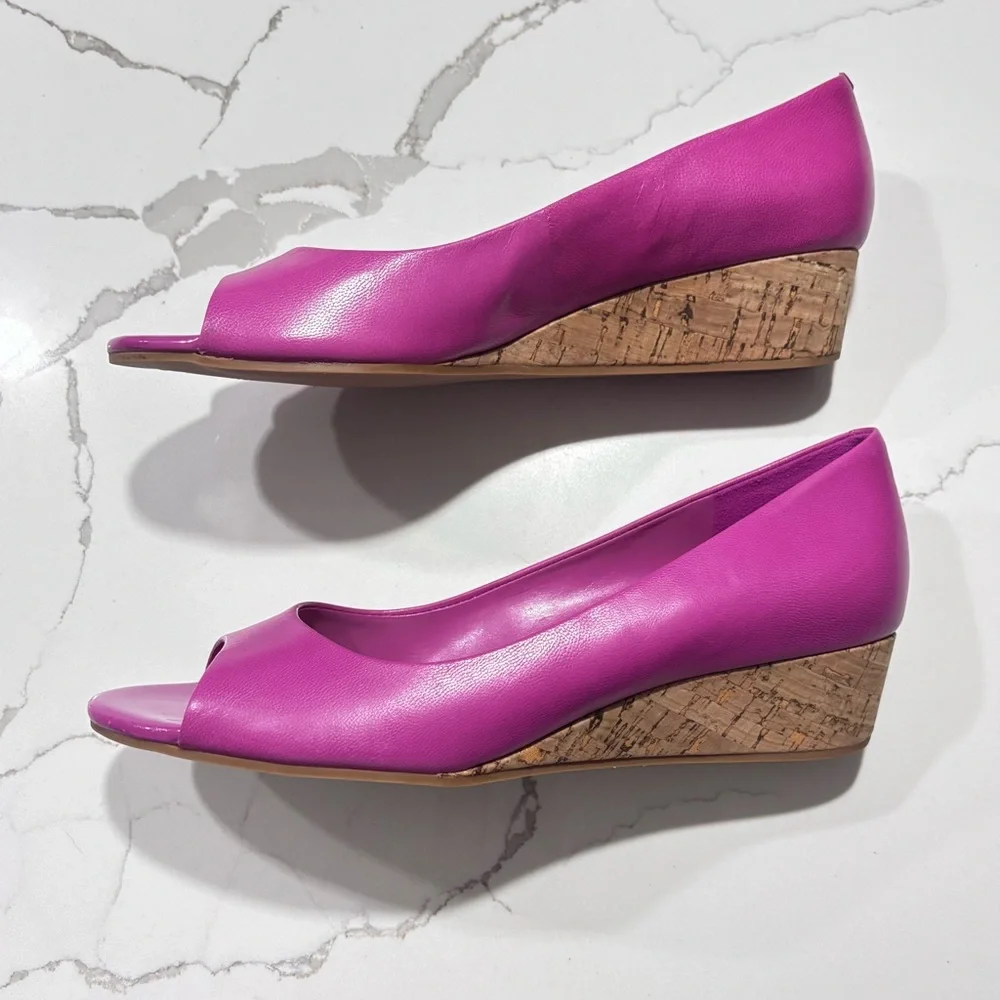 Cole Haan Women's Hot Pink Matte Finish Peep Toe Wedge Heels Cork Pumps Size 7.5